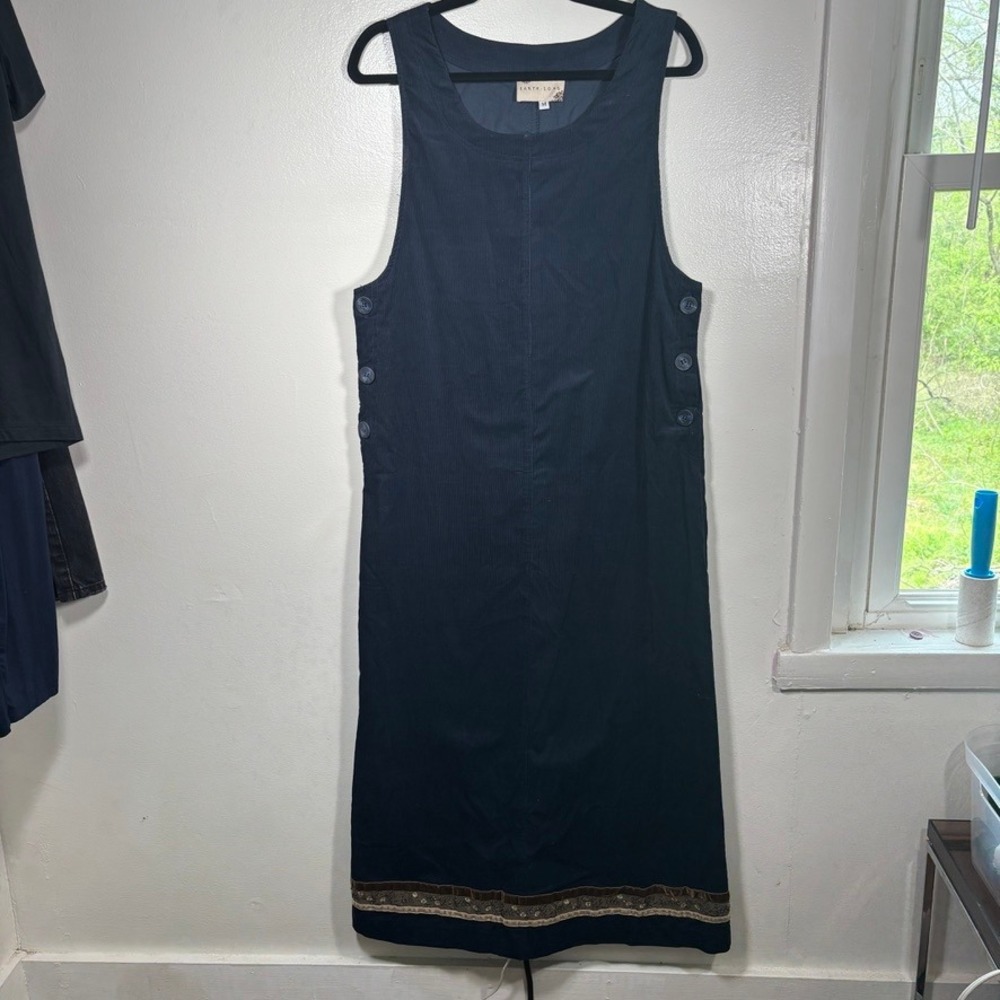 Vintage Earth Song Jumper Dress Sz M Navy‎ Blue Corduroy Floral Hem Pinafore